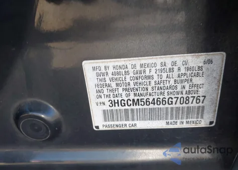 2006 Honda Accord 2.4 Lx from USA, damaged, VIN 3HGCM56466G708767